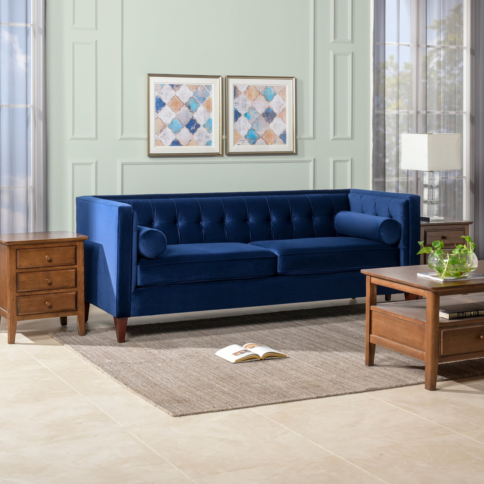 Jack 84" Modern Tuxedo Tufted Sofa, Navy Blue Velvet Navy Blue Foam Velvet 3 Seat