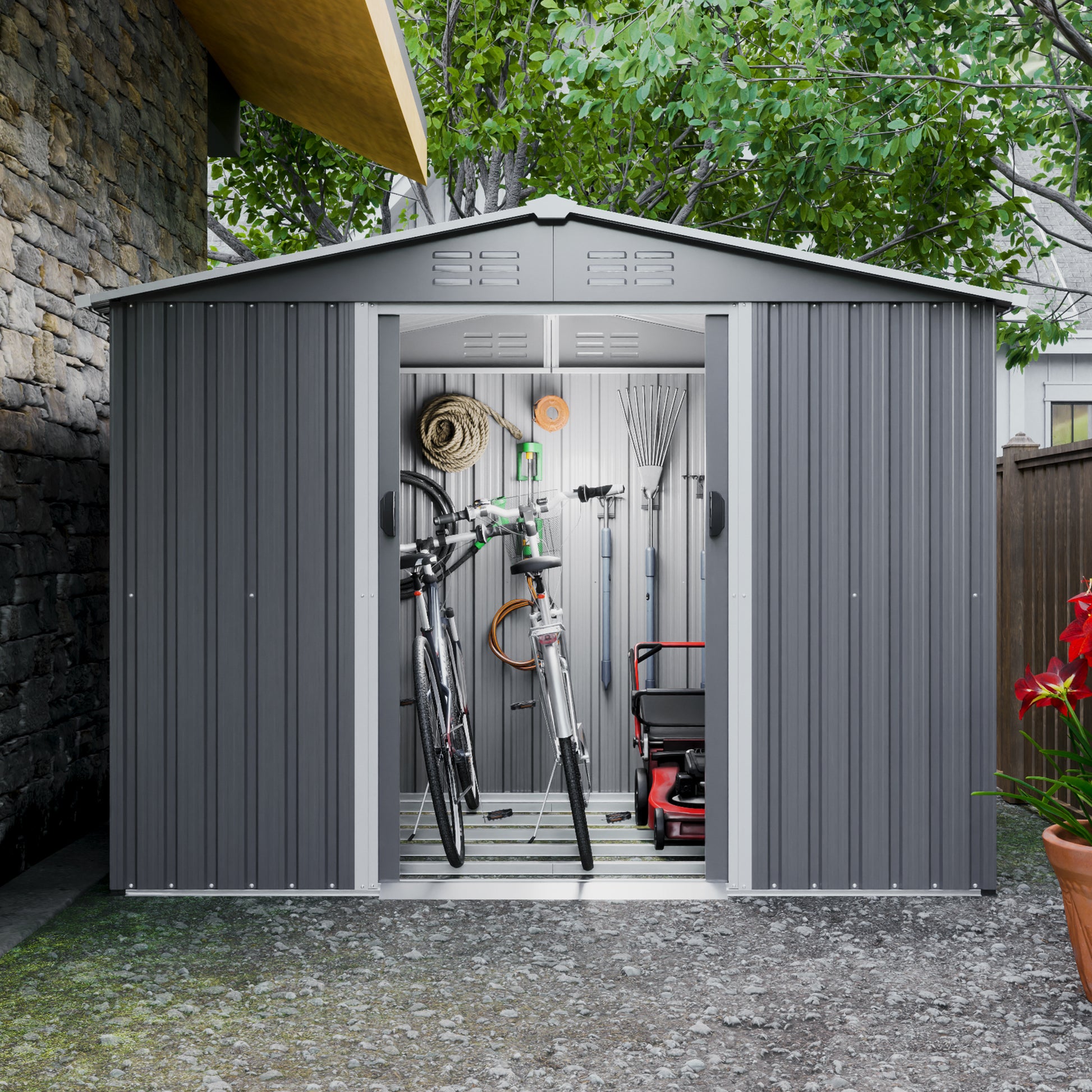 8X6 Ft Outdoor Tool Storage Shed With Metal Foundation & Lockable Doors, All Weather Metal Sheds For Garden, Patio, Backyard, Lawn, Gray Gray Metal