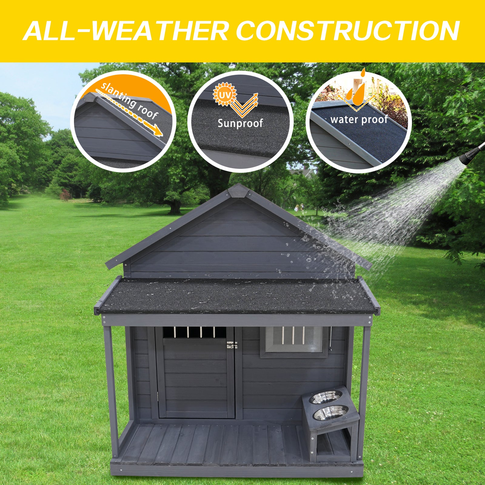 Large Dog House, Long 44.2" X Wide 44.6" X High 44.6" Solid Wood Asphalt Roof Dog House With Large Terrace For Large Dogs, Weatherproof Large Dog House Improved ,Small Wooden Doors That Can Be Locked Gray Solid Wood