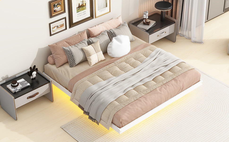 King Size Floating Bed With Led Lights Underneath,Modern King Size Low Profile Platform Bed With Led Lights,White King White Wood Bedroom American Design Pine Bed Frame Pine