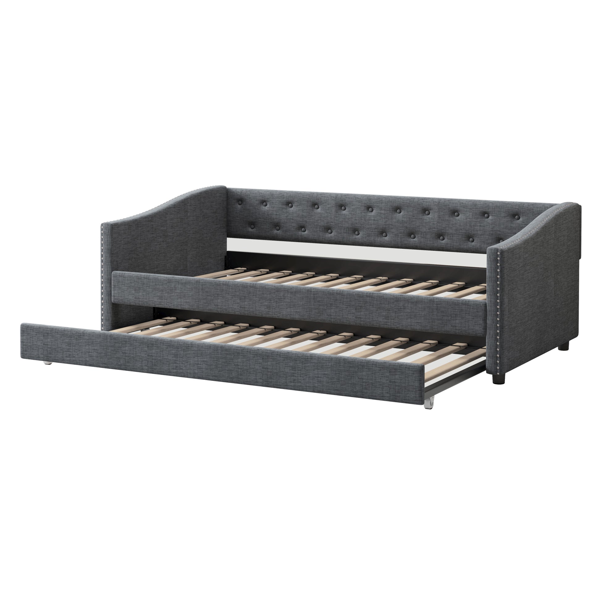 Twin Size Daybed With Twin Size Trundle Upholstered Tufted Sofa Bed, With Button On Back And Copper Nail On Waved Shape Arms Dark Grey Twin Dark Grey Wood Fabric