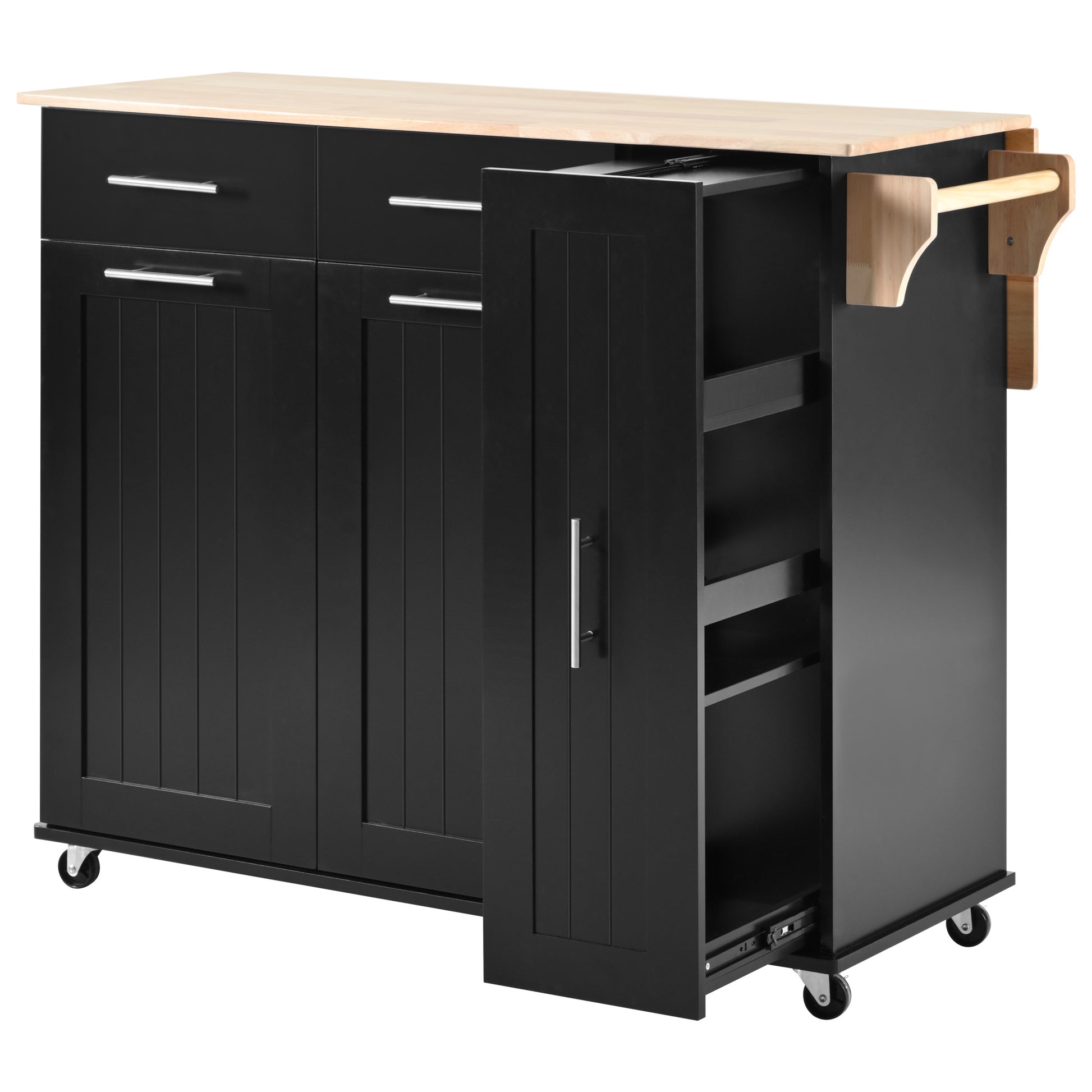 K&K Kitchen Island With Drop Leaf, Kitchen Storage Cart With 3 Tier Pull Out Cabinet Organizer, Internal Storage Rack, Rolling Kitchen Cart On Wheels With Towel Rack, 2 Drawers, For Kitchen, Black Black Brown Kitchen Classic,Farmhouse,Luxury,Modern