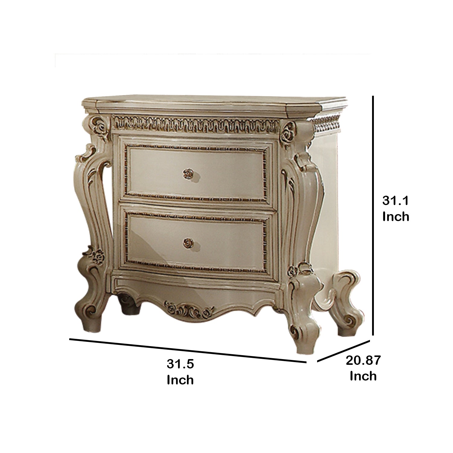 Two Drawer Nightstand With Carved Details And Cabriole Legs, Antique Pearl White Wood