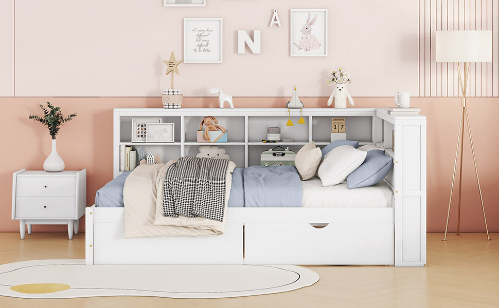 Wooden Full Size Daybed With 2 Drawers, Daybed With Storage Shelf And Usb Charging Ports,White Full White Wood