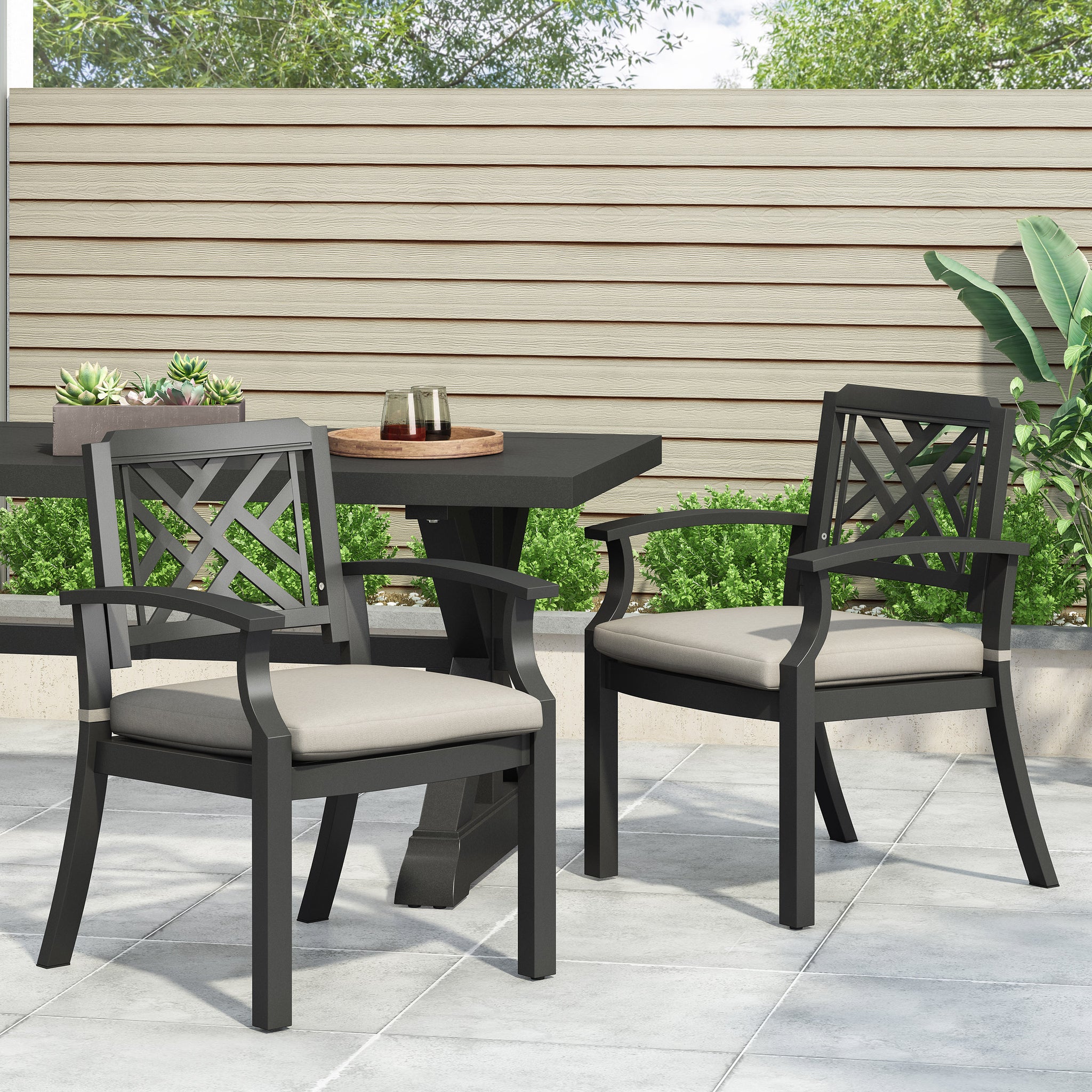 Outdoor Dining Chairs, Light Beige Antique Matte Black Set Of 2 Beige Black Fabric