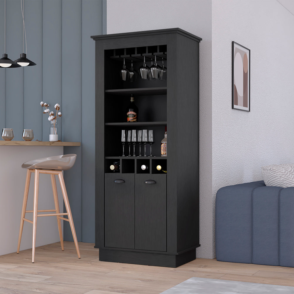 Lafayette Bar Cabinet With 4 Bottle Rack, Upper Glass Holder And Dual Door Design Black Primary Living Space Modern Shelves Included Particle Board