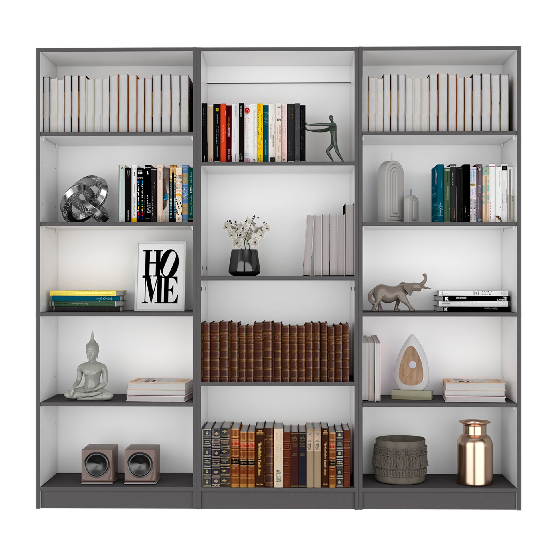 Bartow 3 Piece Home Bookcase Set, 74" Wide With 14 Shelvesliving Room Set Set Matt Gray White Freestanding Multicolor Office Modern Particle Board