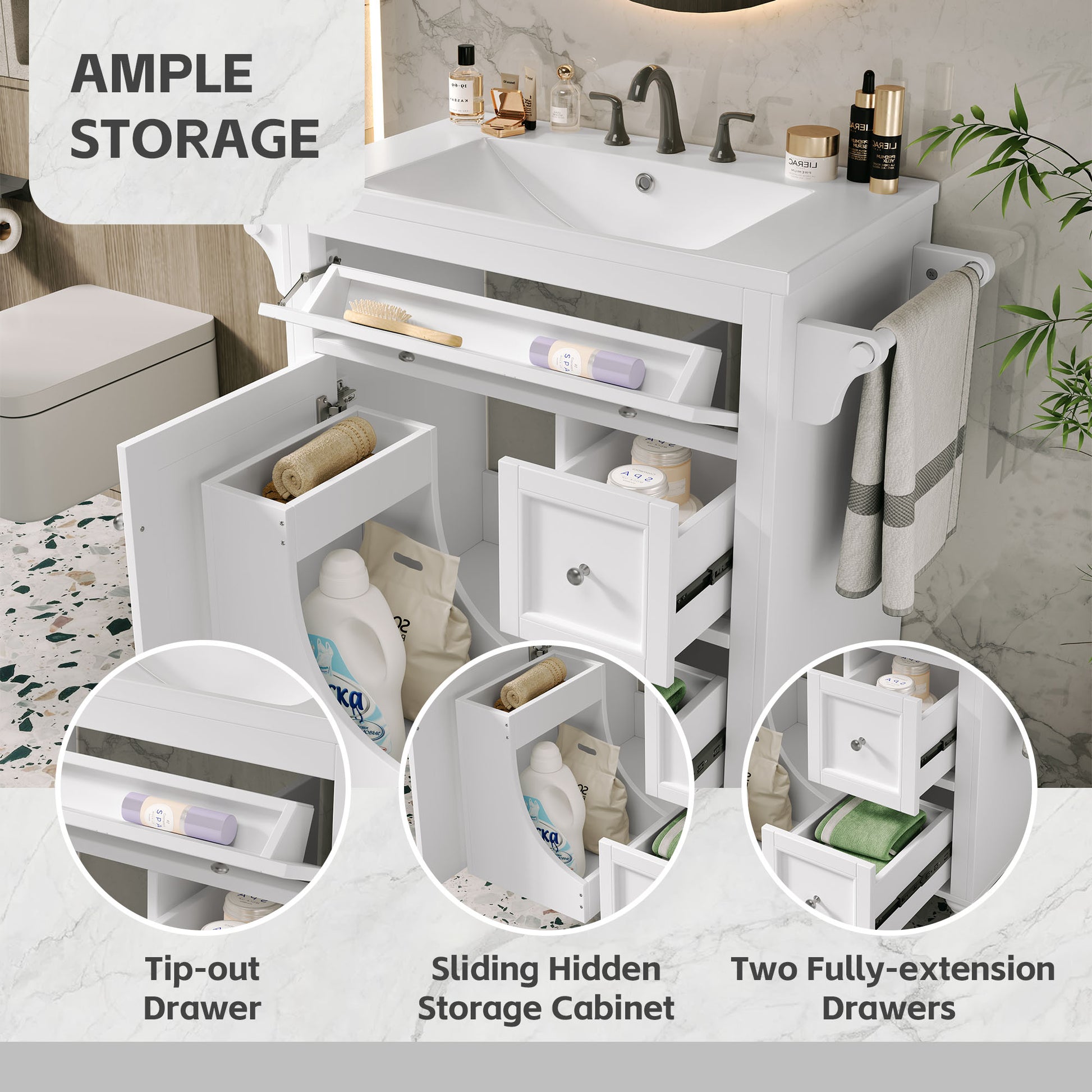 30'' Bathroom Vanity With Top Sink, Modern Bathroom Storage Cabinet With 2 Drawers And A Tip Out Drawer, Single Sink Bathroom Vanity Same As N710S130001K White Bathroom Modern Solid Wood Mdf Resin