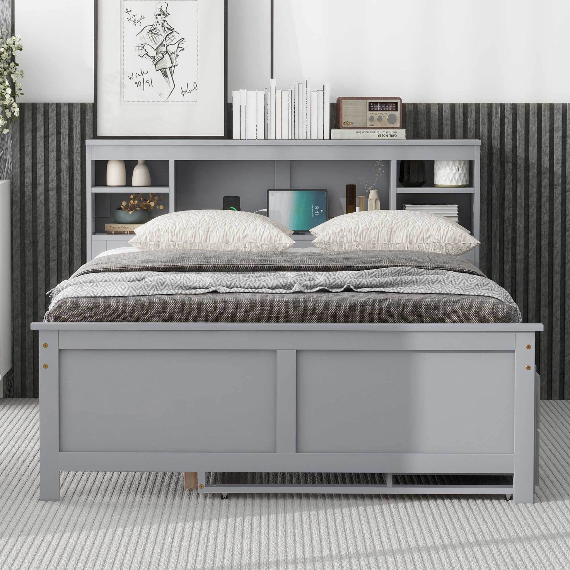 Full Size Platform Bed With Storage Headboard, Usb, Twin Size Trundle And 3 Drawers, Gray Box Spring Not Required Full Gray Wood Bedroom Bed Frame Solid Wood Mdf