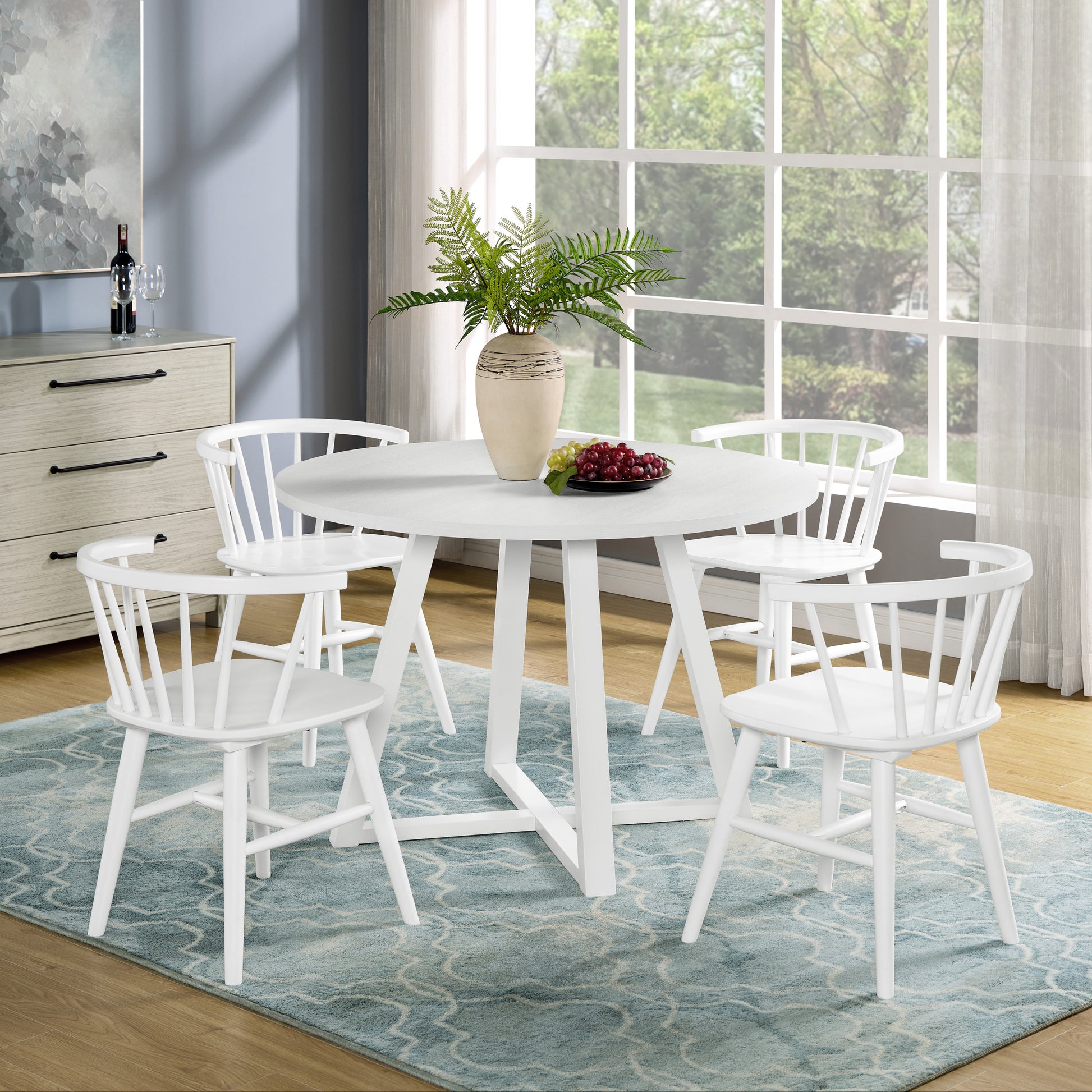 Edo White Wood 5 Piece Dining Set, Trestle Dining Table With 4 Windsor Chairs Wood Wood White Seats 4 White Wood Dining Room Fixed Table Rubberwood Round Round Solid Wood Mdf