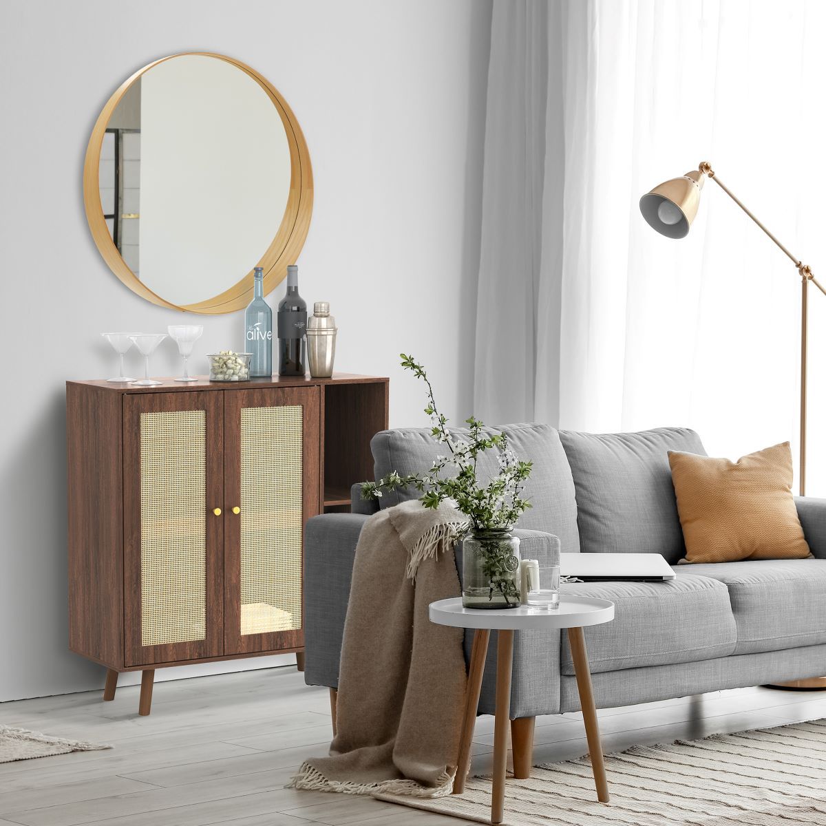 Bohemian Bar Cabinet, Natural Rattan Doors, Removable Wine Rack In Walnut Natural Walnut Boho Mdf