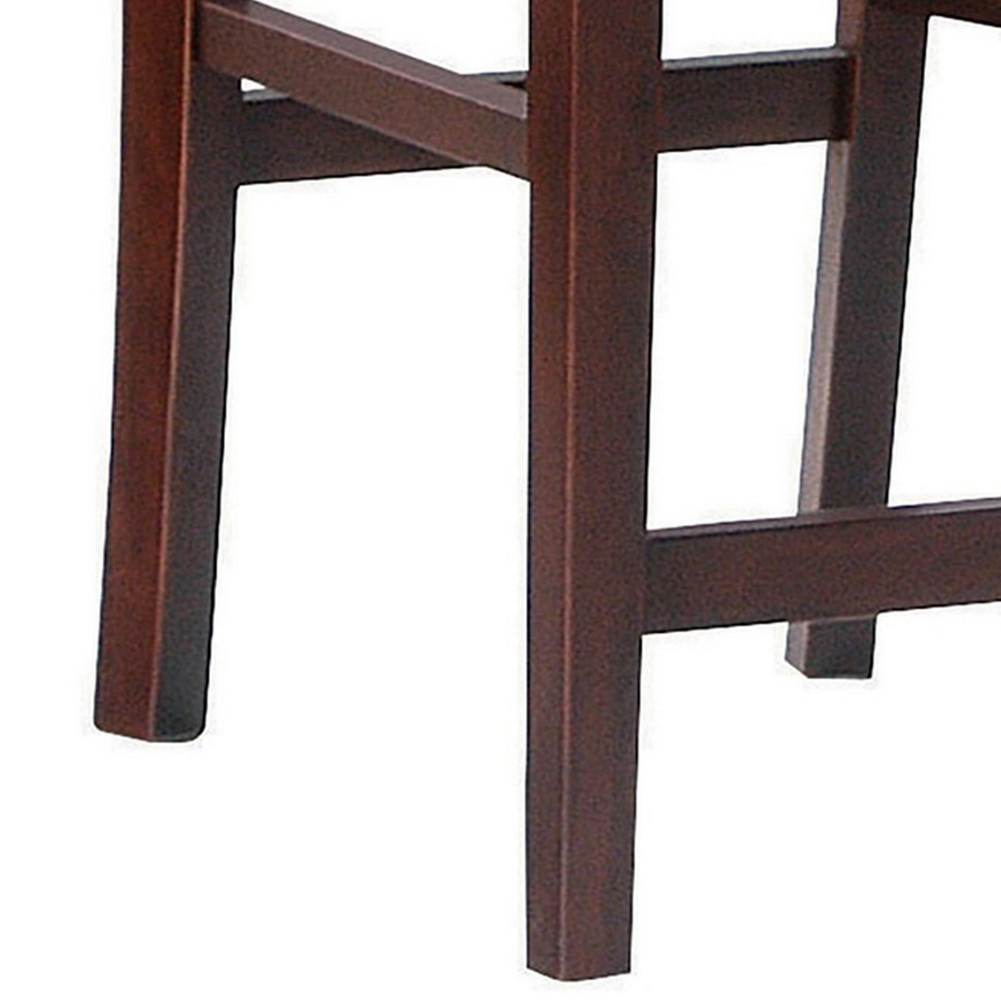 25 Inch Counter Height Stool, Lattice Design Back, Tan Fabric Seat, Brown Tan Solid Wood