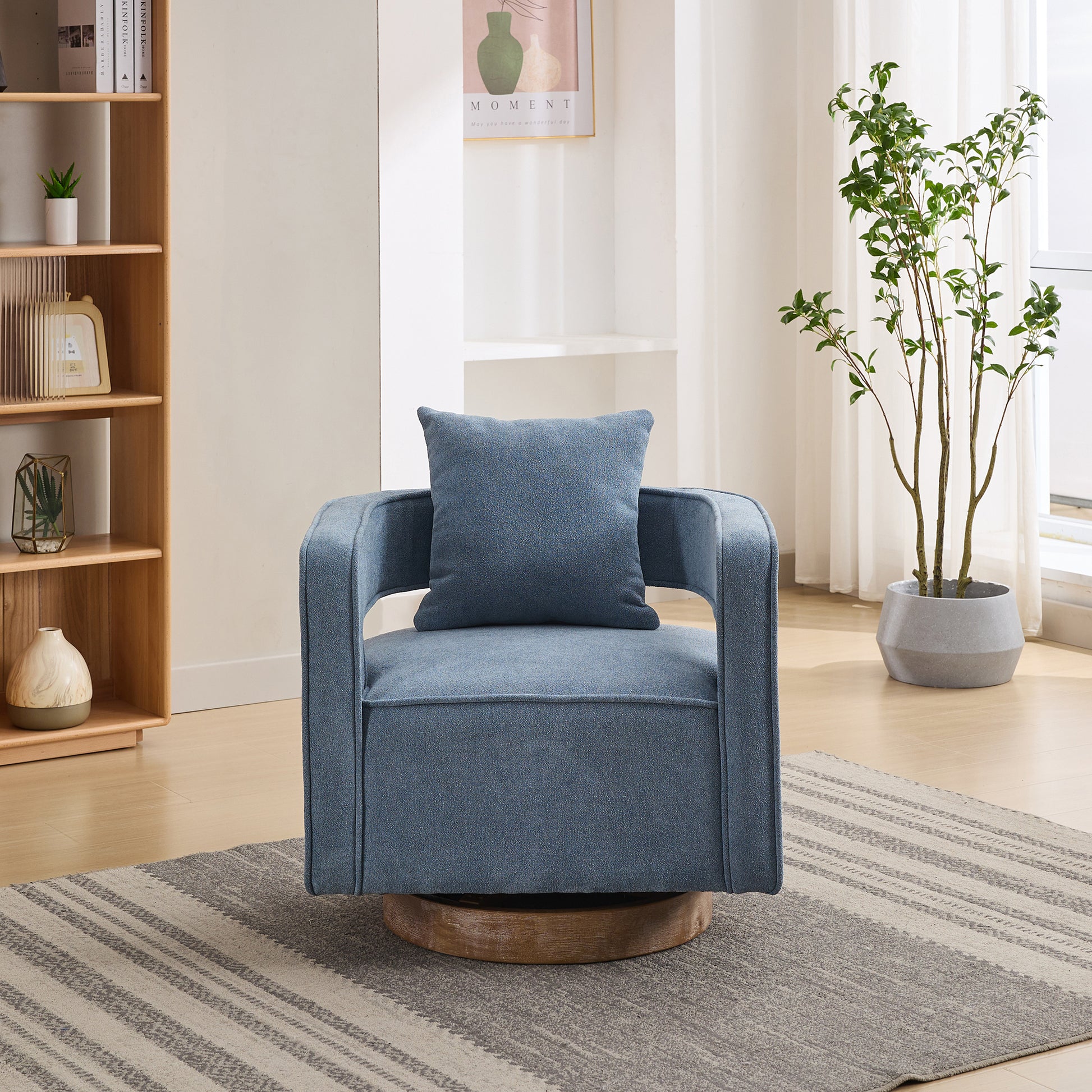 29.1"W Swivel Accent Open Back Chair Modern Comfy Sofa Chair With Weathered Base For Nursery Bedroom Living Room Hotel Office, Club Chair Leisure Arm Chair For Lounge Pale Blue,Linen Blend Blue Linen Blend