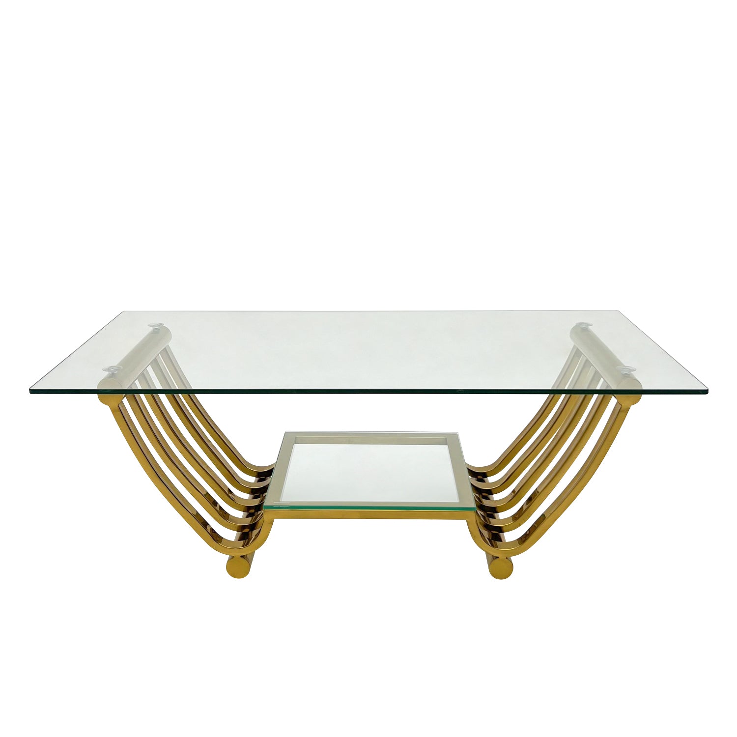 47" Rectangle Modern Stainless Steel Coffee Table, Double Layer Clear Tempered Glass Coffee Table, Center Table Table With Storage, For Living Room Home Office, Easy Assembly, Gold Clear,Gold Modern