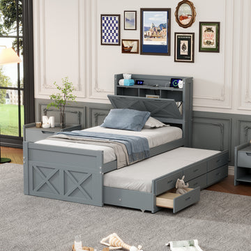 Twin Size Wooden Bed With Storage Headboard With Outlets, Extendable Bed With Twin Size Trundle With Three Storage Drawers,Gray Expected Arrival Time:8.23 Twin Gray Wood