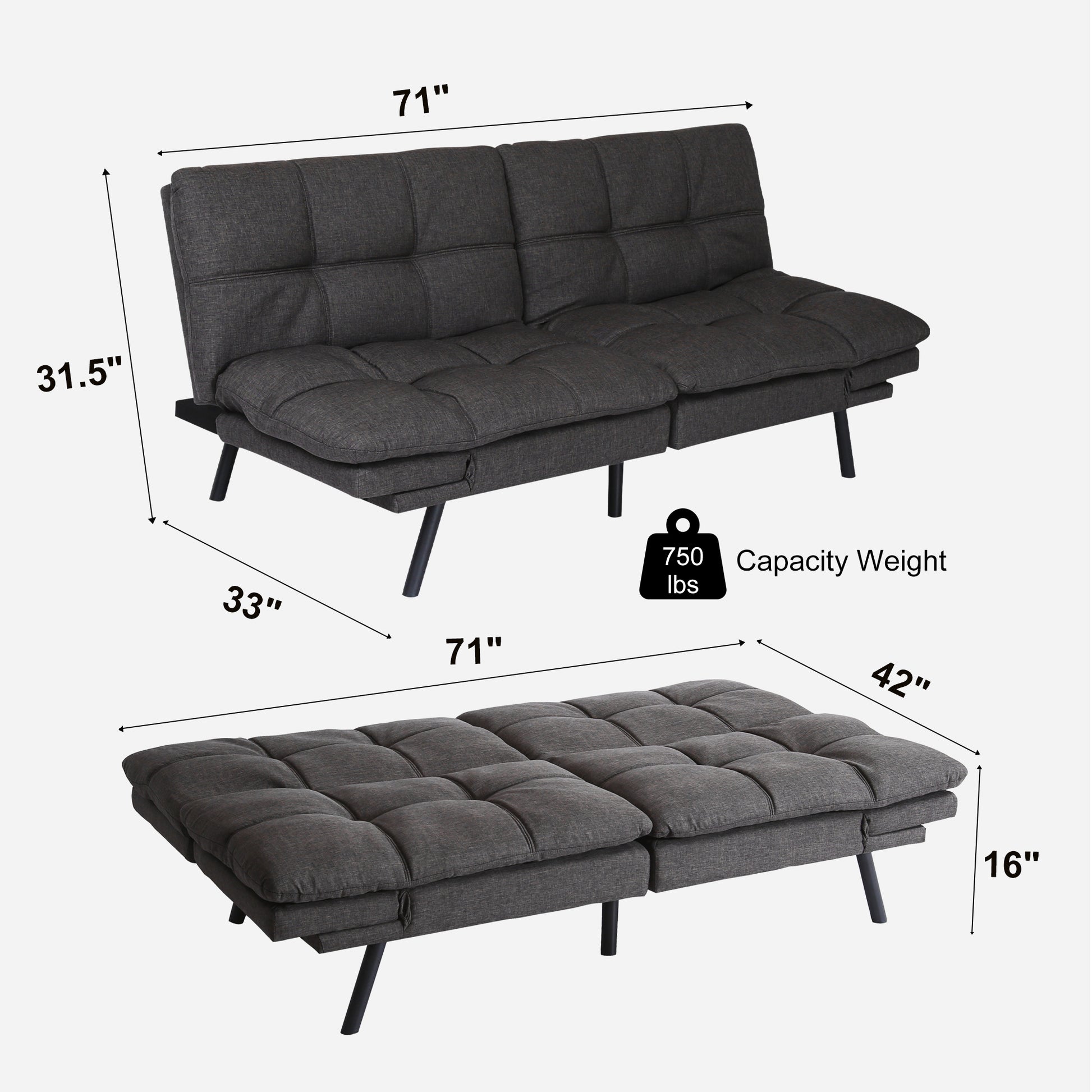 Futon Sofa Bed With Adjustable Backrests Sleeper Couch With Adjustable Armrests Convertible Sofa Couch Bed For Small Space Apartment Living Room Grey Grey Polyester