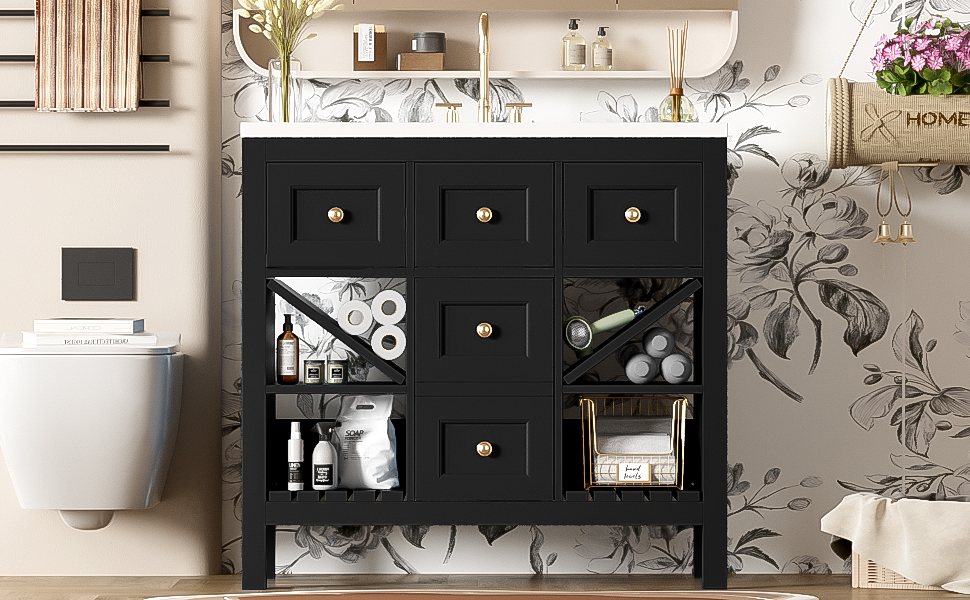 36'' Bathroom Vanity With Resin Sink Combo, Solid Wood Frame Bathroom Storage Cabinet, Freestanding Vanity Set With 5 Drawers& Soft Closing Doors Same As N710S136001B Black Bathroom Solid Wood Mdf Resin