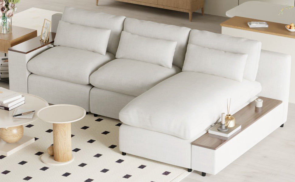 L Shaped Modular Sectional Sofa With Removable Back Cushions,3 Pillows And 2 Storage Spaces,Suitable For Living Rooms,Offices And Apartments Beige Polyester 3 Seat
