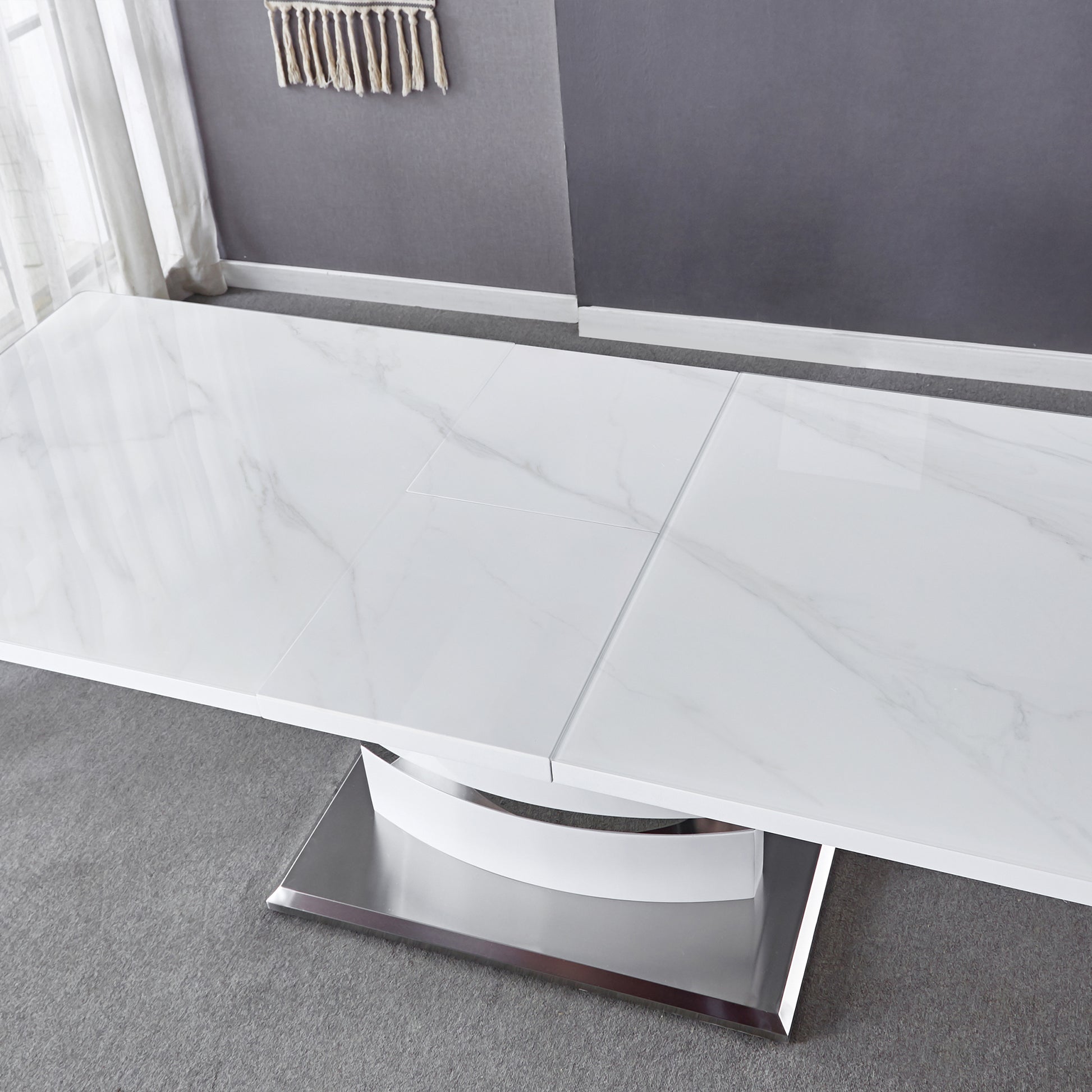 Expandable Glass Top Table With Butterfly Leaf, White Lacquer Mdf Base With Stainless Steel 70.9" 86.6" X 35.4" X 29.5" White Mdf