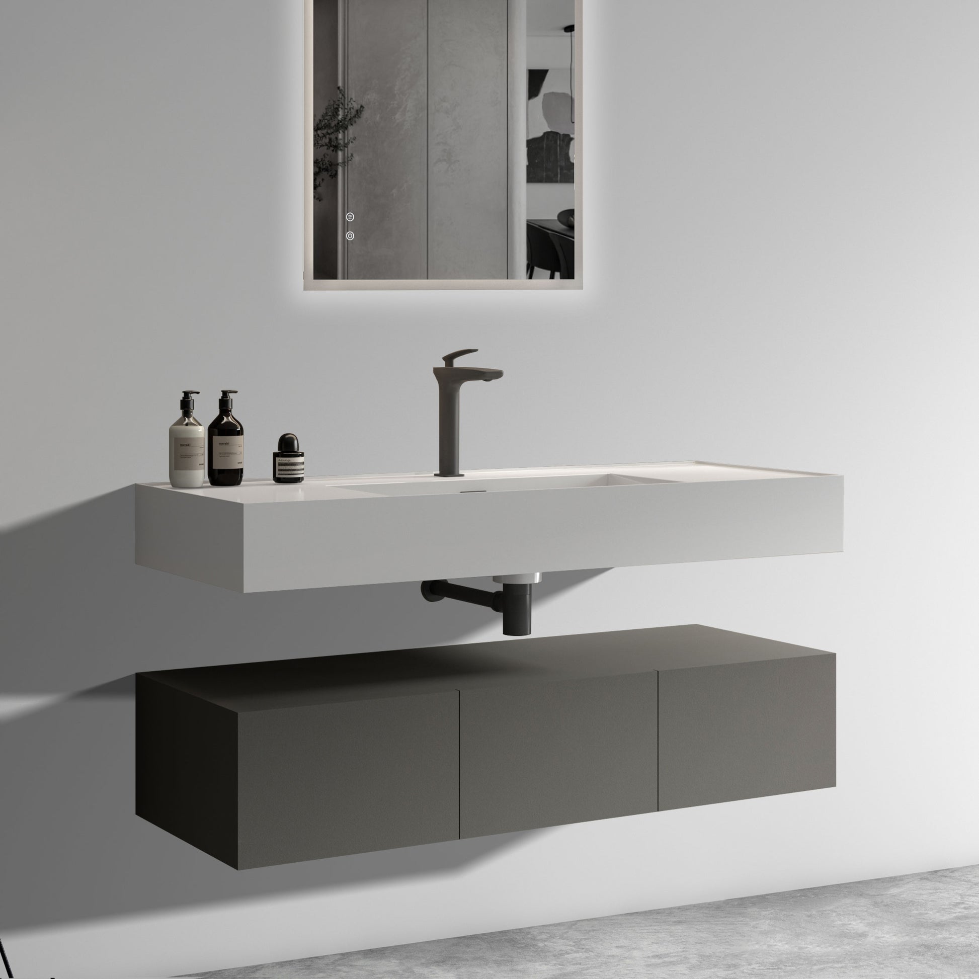 U064 Flora48W 102 Floating Bathroom Sink With Storage Cabinet, Space Gray Wall Mounted Basin With Cabinet With 3 Soft Close Doors Gray Bathroom Modern Engineered Wood