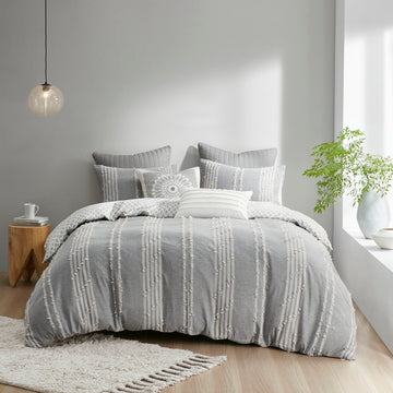 3 Piece Cotton Jacquard Duvet Cover Set King Gray Cotton