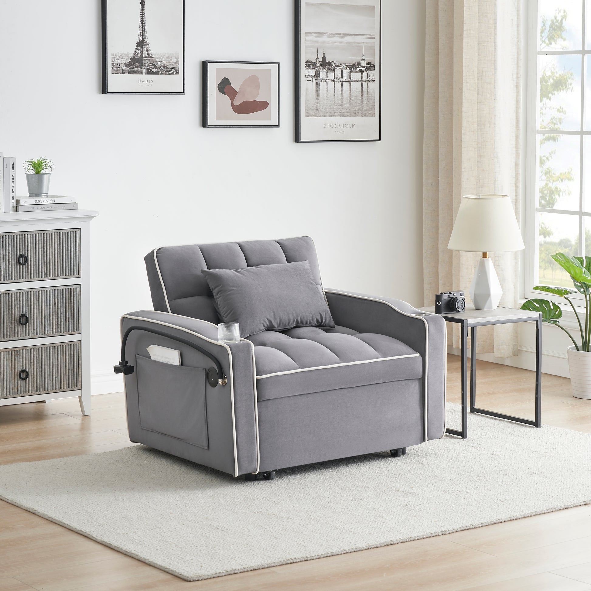 1 Versatile Foldable Sofa Bed In 3 Lengths, Modern Sofa Sofa Sofa Velvet Pull Out Bed, Adjustable Back And With Usb Port And Ashtray And Swivel Phone Stand Dark Grey Dark Gray Light Brown Velvet Wood Primary Living Space Cushion Back Light Duty