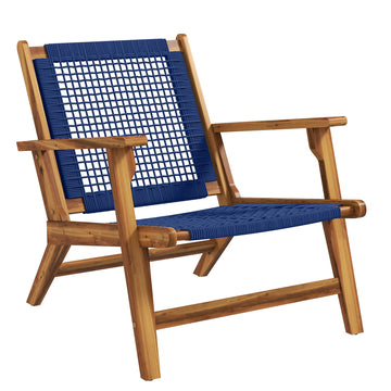 Outsunny Patio Acacia Wood Adirondack Chair, Modern Wood Fire Pit Chair With Pp Rope Weave, Coconino Lounge Chair With High Backrest Support, Dark Blue Blue Wood