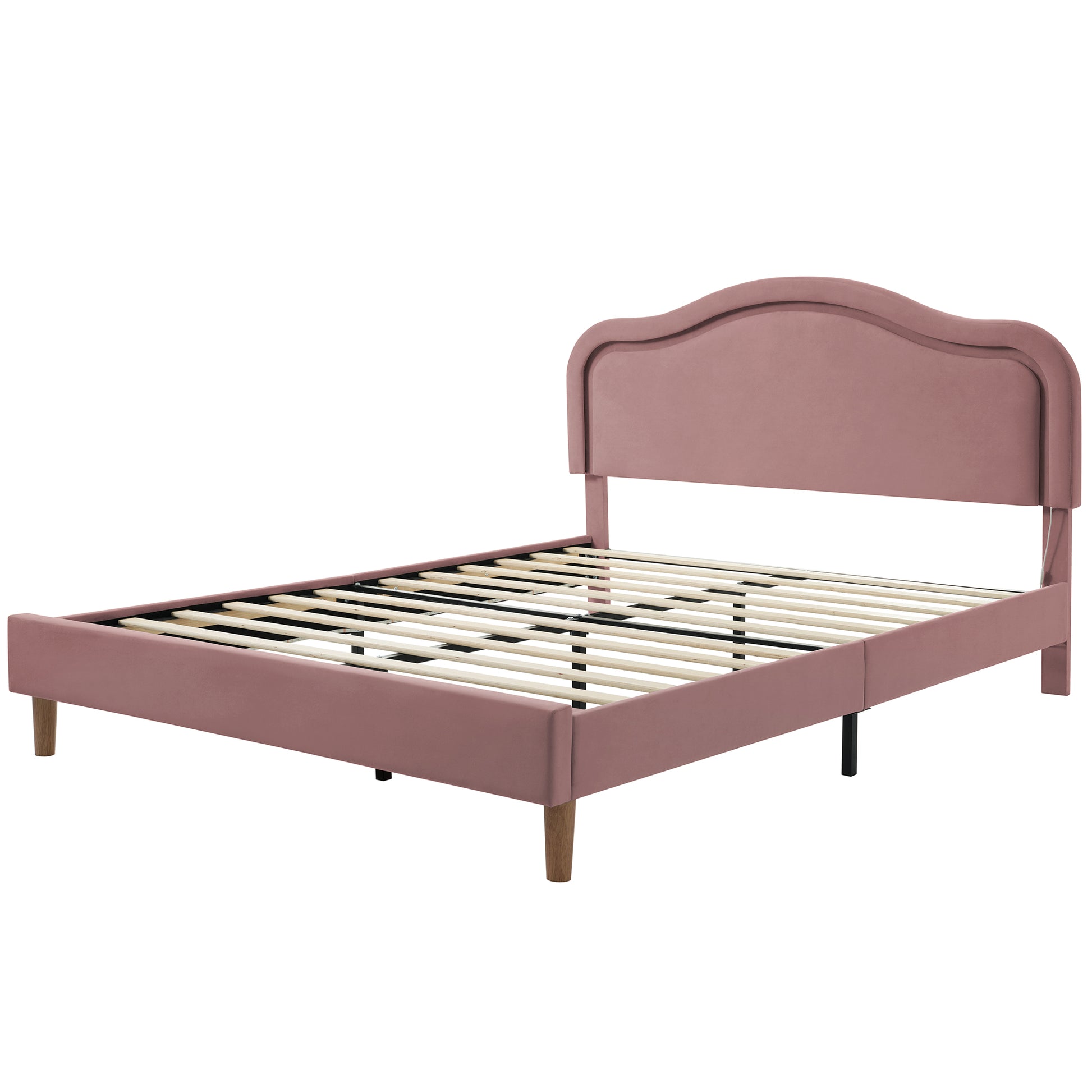 Queen Size Velvet Upholstered Smart Led Bed Frame With Adjustable Height Headboard,No Box Spring Needed,Easy Assembly,Pink Box Spring Not Required Queen Pink Wood Bedroom Cute,Modern Bed Frame Wood