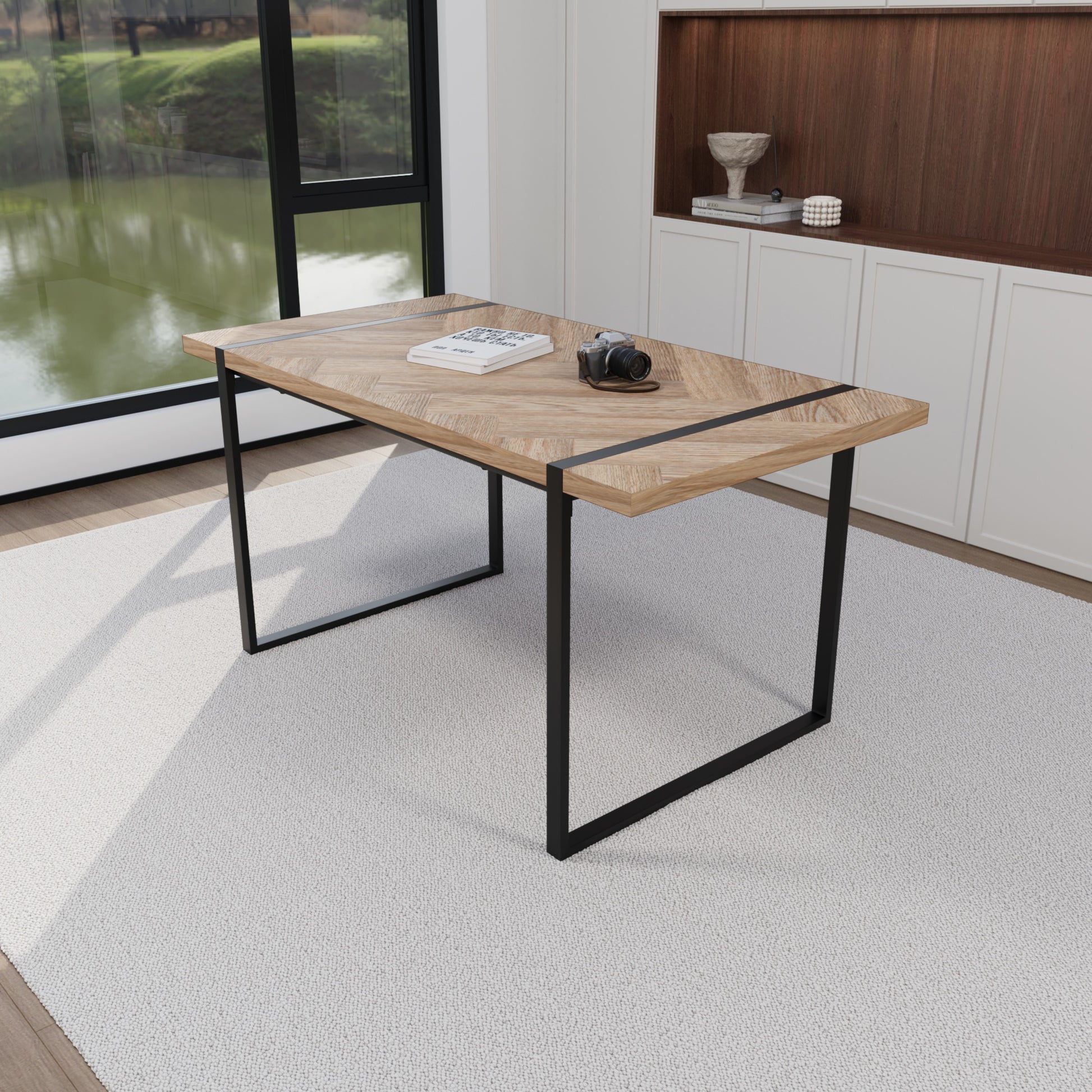 Mdf Light Wood Dining Table And Modern Dining Chair 4 Piece Set, Medieval Wooden Kitchen Dining Table Set, Rectangular Metal Base, Dining Table And Suede Chair Wood Mdf