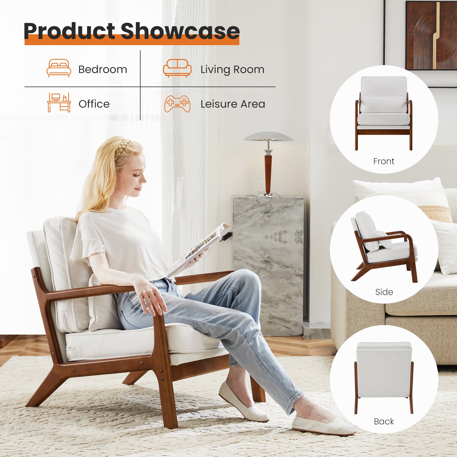 Chair With Lumbar Pillow, Lounge Arm Chairs, Linen Fabric Comfy Reading Chair With Wood Frame For Living Room Beige Acacia Wood