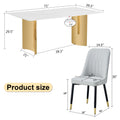 Table And Chair Set.The Table Has A Glass Top With Imitation Marble Pattern Stickers And Stainless Steel Golden Legs. Paried With Chairs With Pu Artificial Leather Backrest Cushions And Black Legs. White Gold Seats 8 Glass Metal