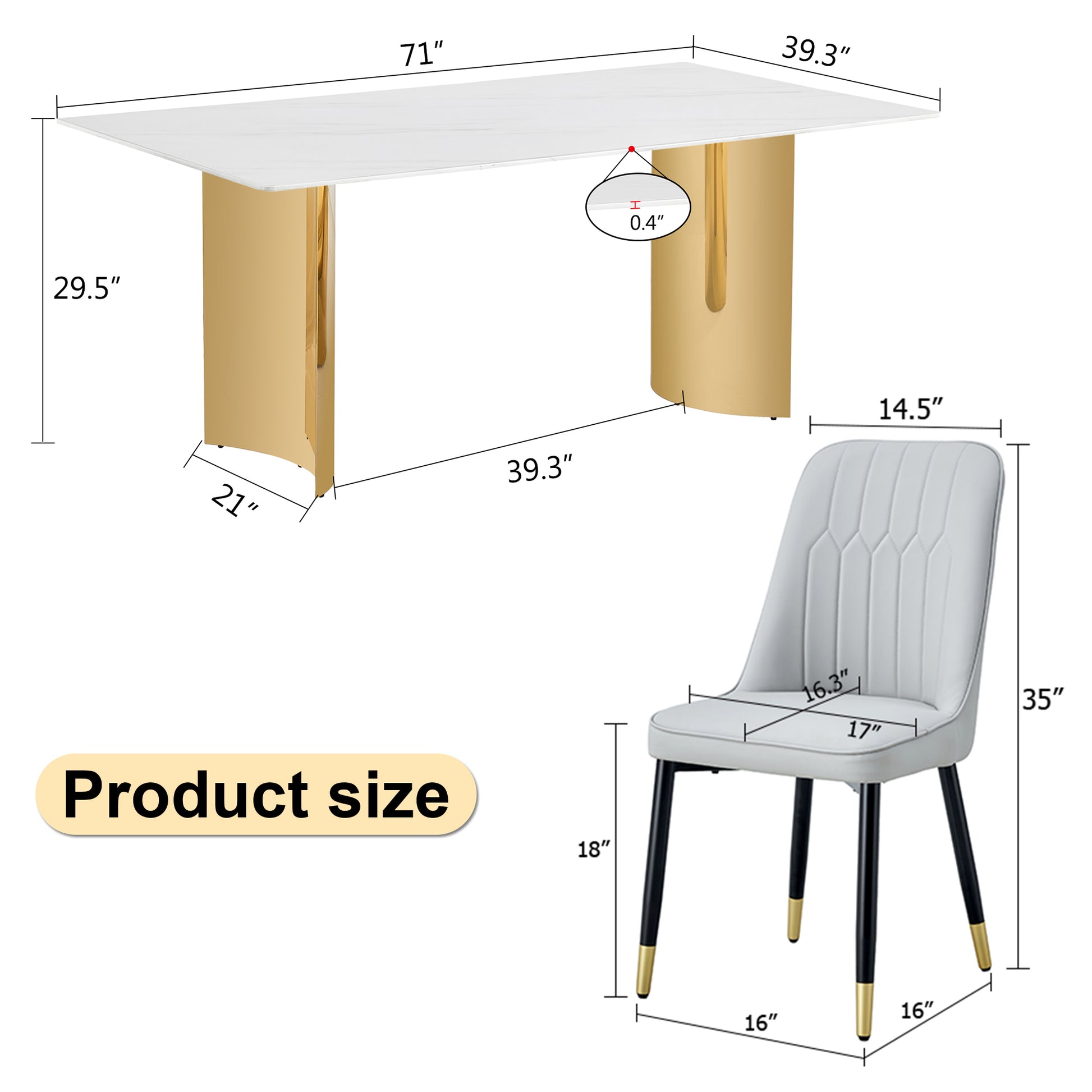 Table And Chair Set.The Table Has A Glass Top With Imitation Marble Pattern Stickers And Stainless Steel Golden Legs. Paried With Chairs With Pu Artificial Leather Backrest Cushions And Black Legs. White Gold Seats 8 Glass Metal