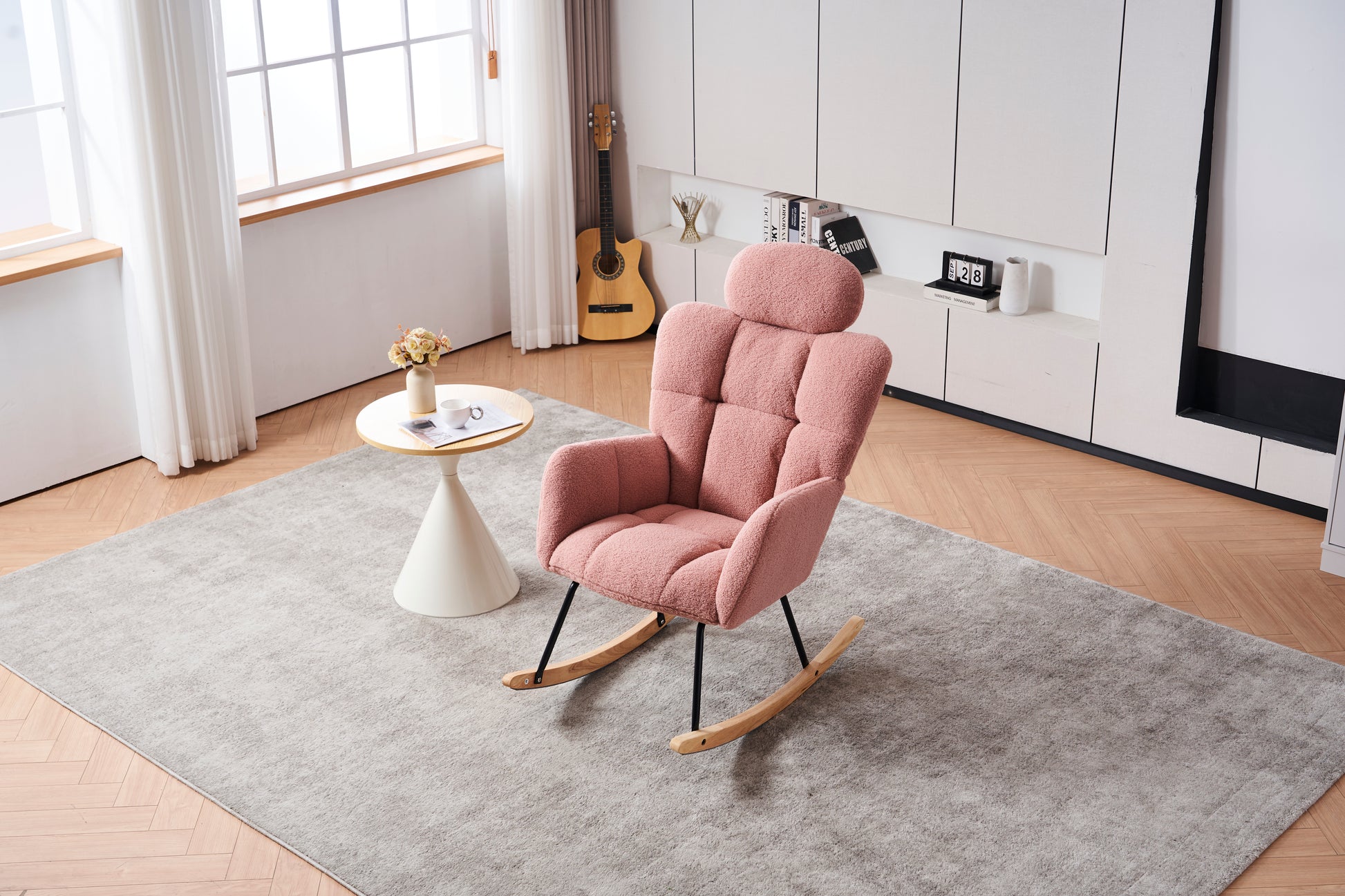 055 Teddy Fabric Upholstered Nursery Rocking Glider Chair Mid Century Modern Accent Arm Chair Padded Seat With High Backrest And Pillows For Living Room Bedroom Offices Pink Teddy Headrest Solid