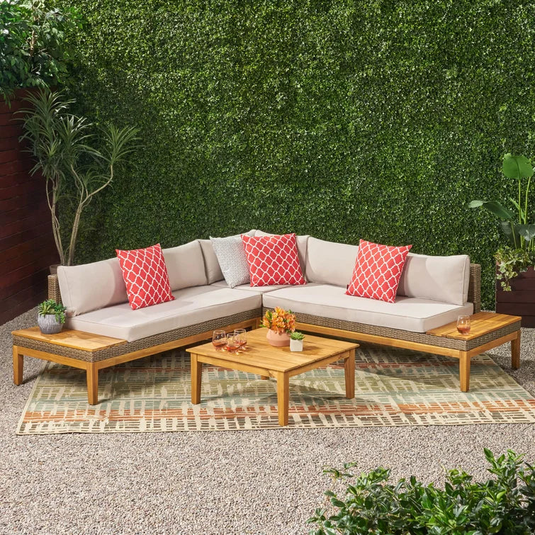 Loft Outdoor Acacia Wood And Wicker 5 Seater Sectional Sofa Set Teak Acacia Wood