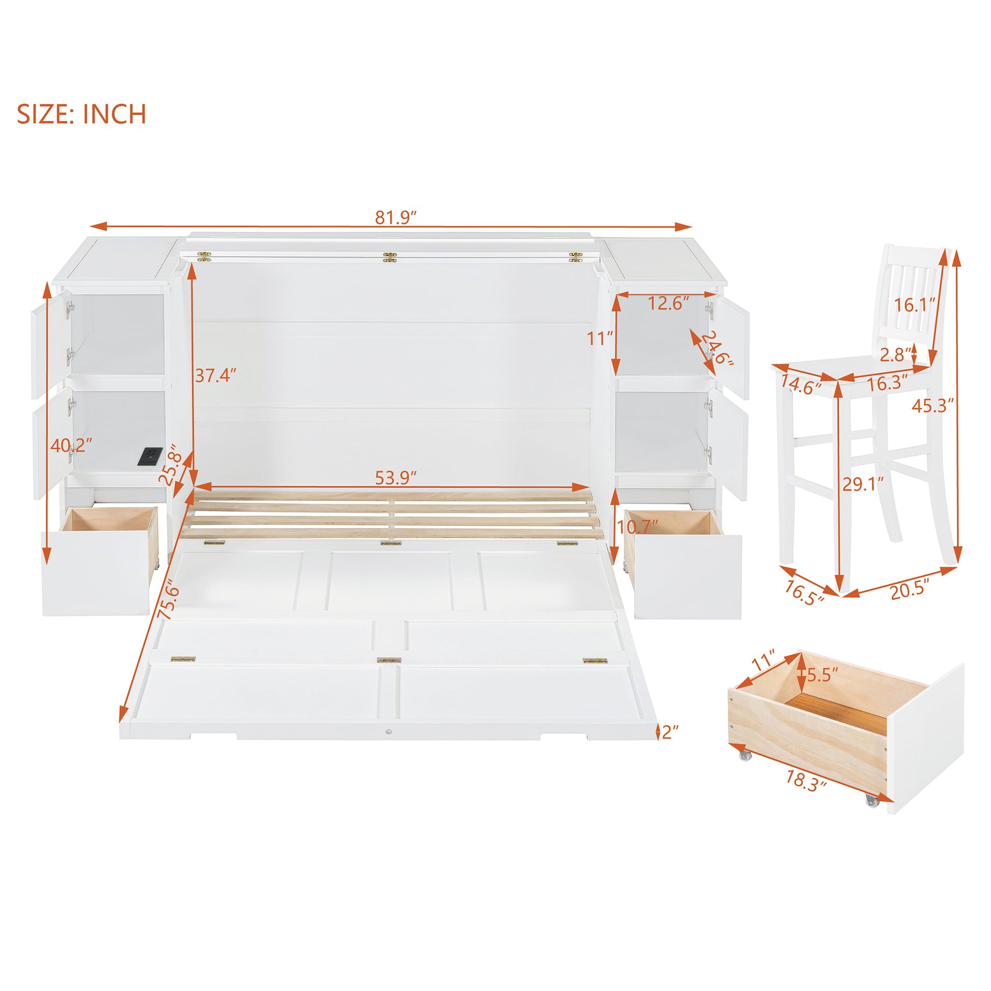 Full Size Murphy Bed With Drawers, Cabinets And Usb Ports,White Full White Mdf Lvl