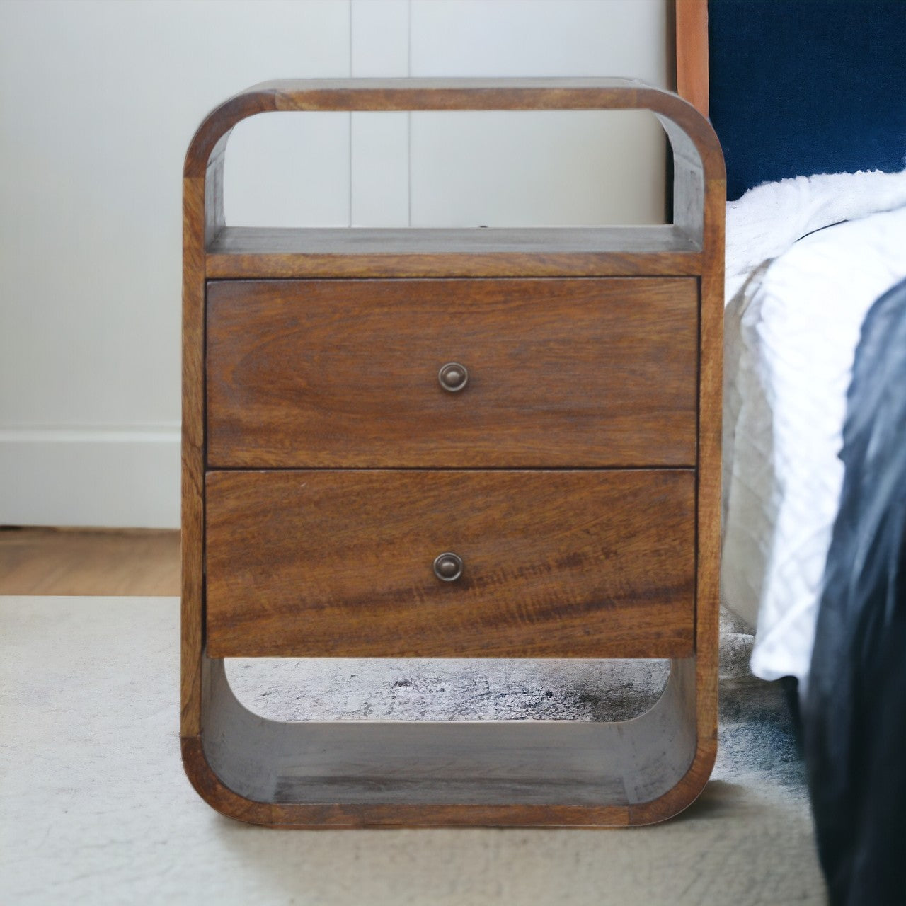 Solid Wood Chestnut Curve 2 Drawer Nightstand Brown 2 Drawers Drawer Storage Modern Mango Drawers Chestnut Solid Wood
