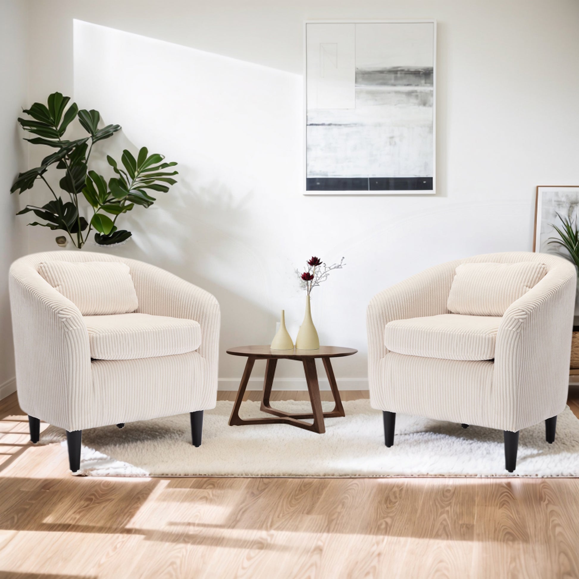Coolmore Living Room Accent Barrel Chair, Century Modern Style Decorative Chair, Armchair For Living Room With Thick Cushions And Pillows, Comfy Single Sofa Chair, Chair With Wooden Legs,Beige Beige Corduroy
