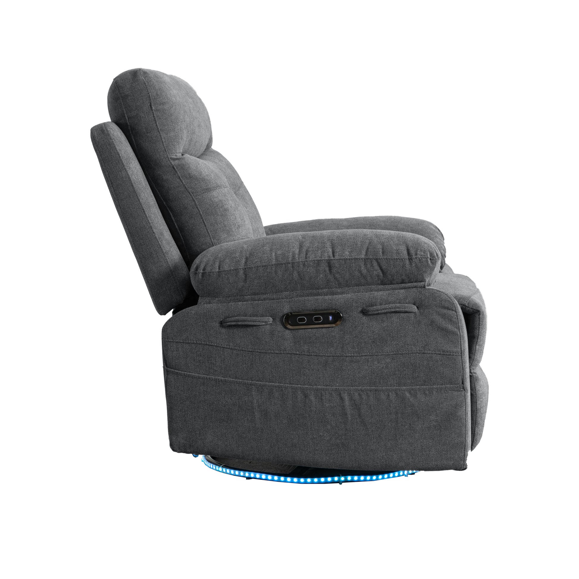 Power Recliner Glider Chair With Bluetooth Speaker 270 Degree Swivel With Led Light Side Arm With Storage Pockets Usb Type C Charging Port Button Control Retractable Footrest Adjustable Backrest Dg Dark Grey Linen Power Push Button Primary Living Space