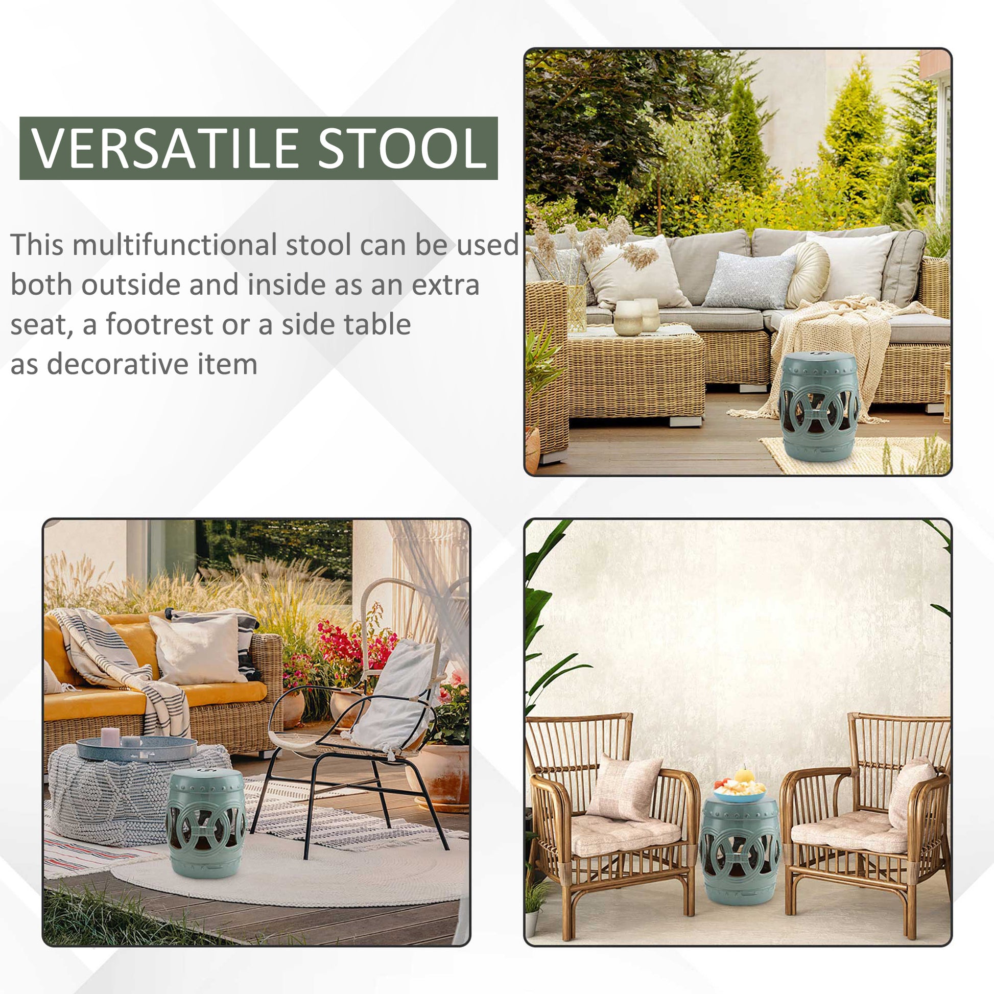 Outsunny 14" X 17" Ceramic Garden Stool With Double Coin Knotted Ring Design & Strong Glazed Material, Decorative End Table, Home Collection, Antique Blue Green Porcelain