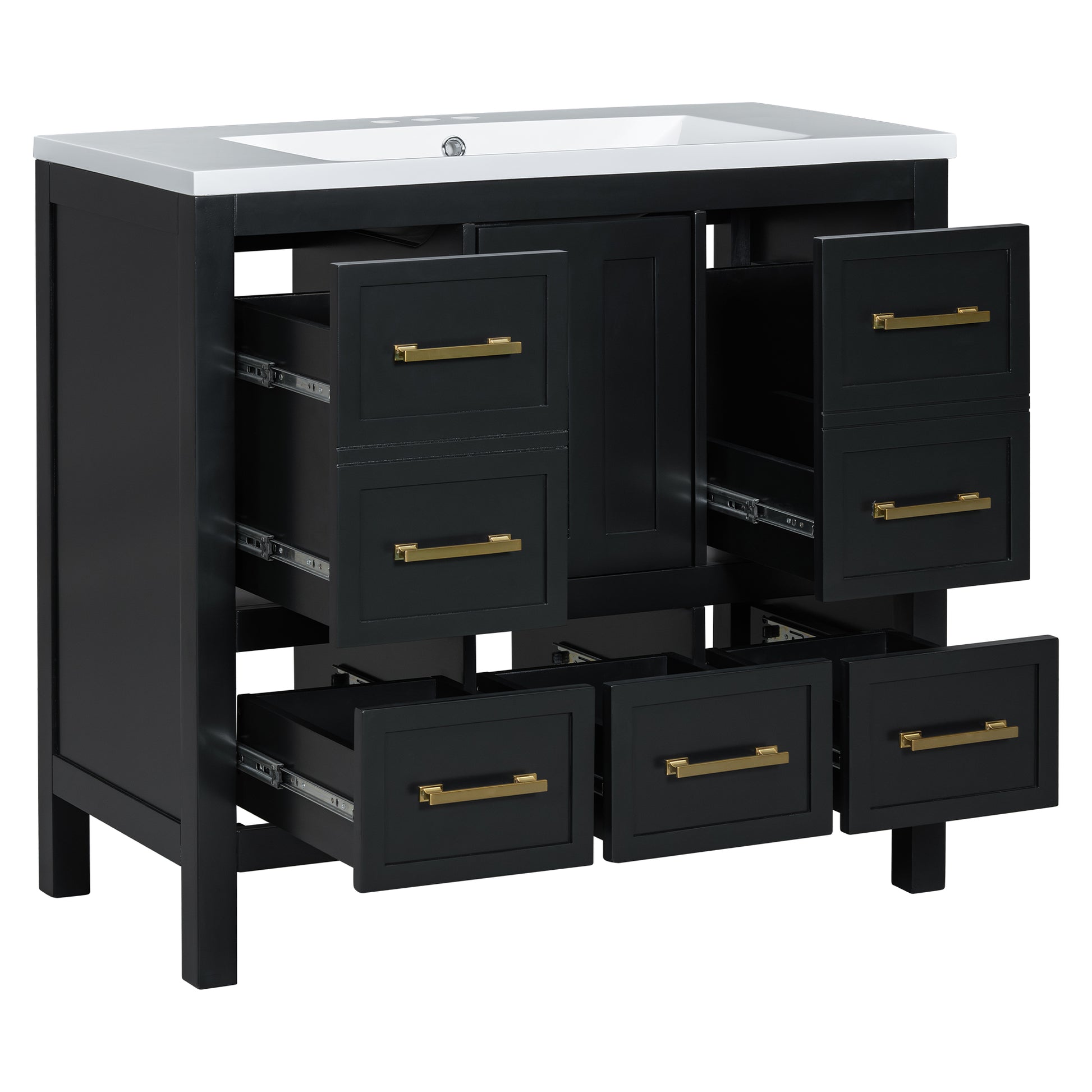 36'' Bathroom Vanity With Resin Sink Combo, Solid Wood Frame Bathroom Storage Cabinet, Freestanding Vanity Set With 5 Drawers& Soft Closing Doors Same As N710S136002B Black Bathroom Solid Wood Mdf Resin