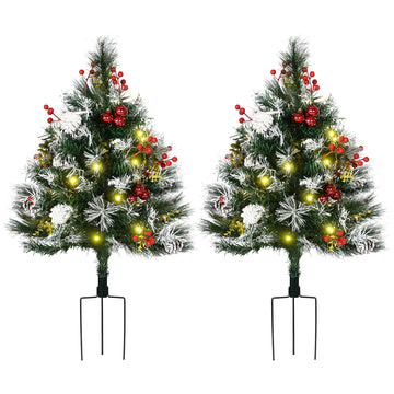 Homcom 2.5 Ft 30" 2 Pack Outdoor Entryway Pre Lit Artificial Christmas Tree Cordless With 70 Branches, Warm White Led Lights, Red Berries, Pine Cones, Balls, Green Green Plastic