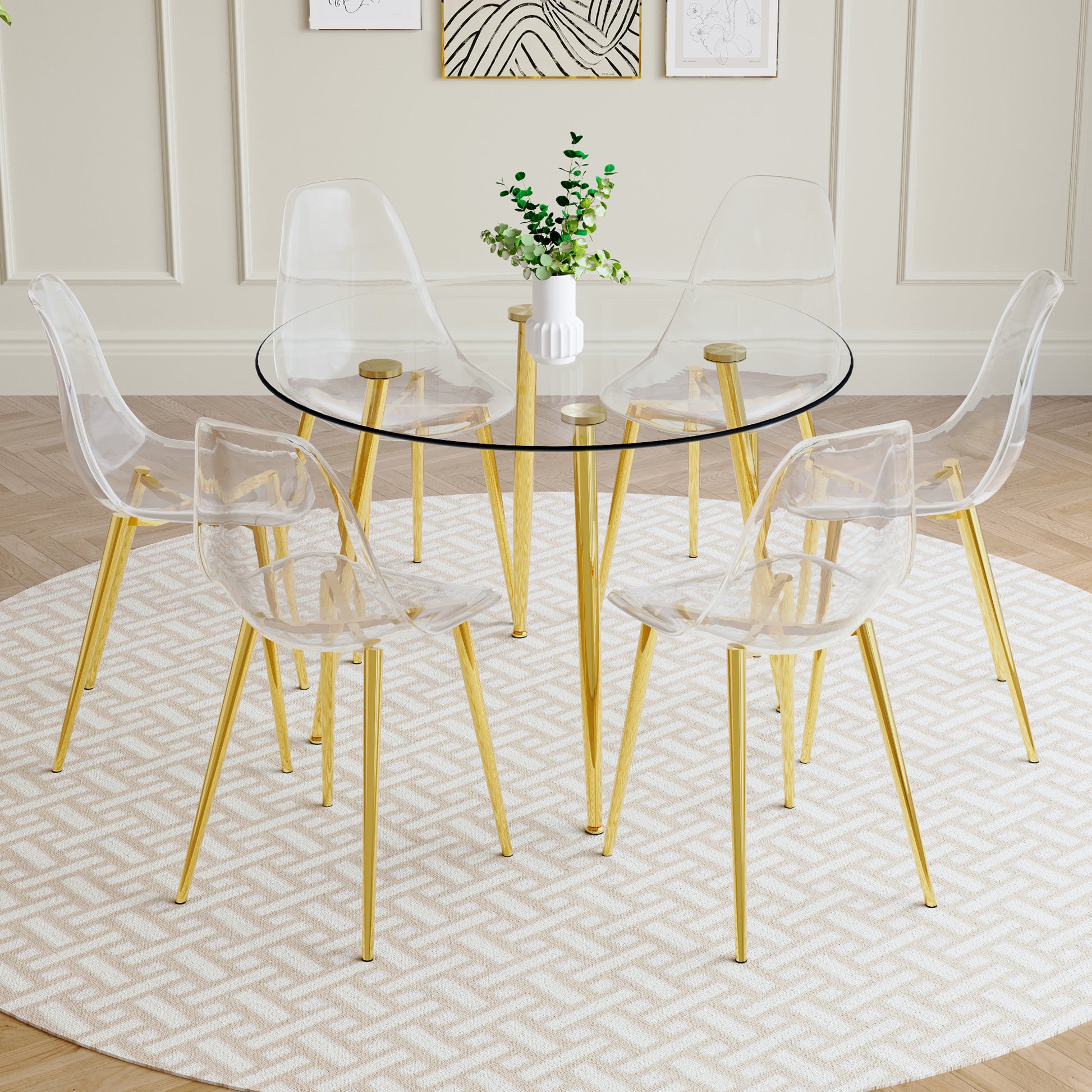 A Modern Minimalist Style Round Transparent Tempered Glass Table With Gold Metal Legs, Paired With 6 Modern Style Transparent Dining Chairs For A Luxurious Experience. Transparent Seats 6 Glass