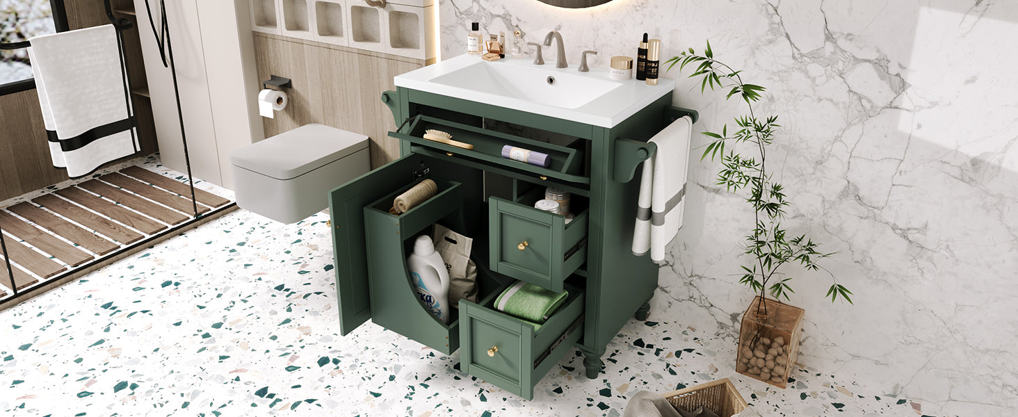 30'' Bathroom Vanity With Top Sink, Modern Bathroom Storage Cabinet With 2 Drawers And A Tip Out Drawer, Single Sink Bathroom Vanity Same As N710S130001F Green Bathroom Modern Solid Wood Mdf Resin