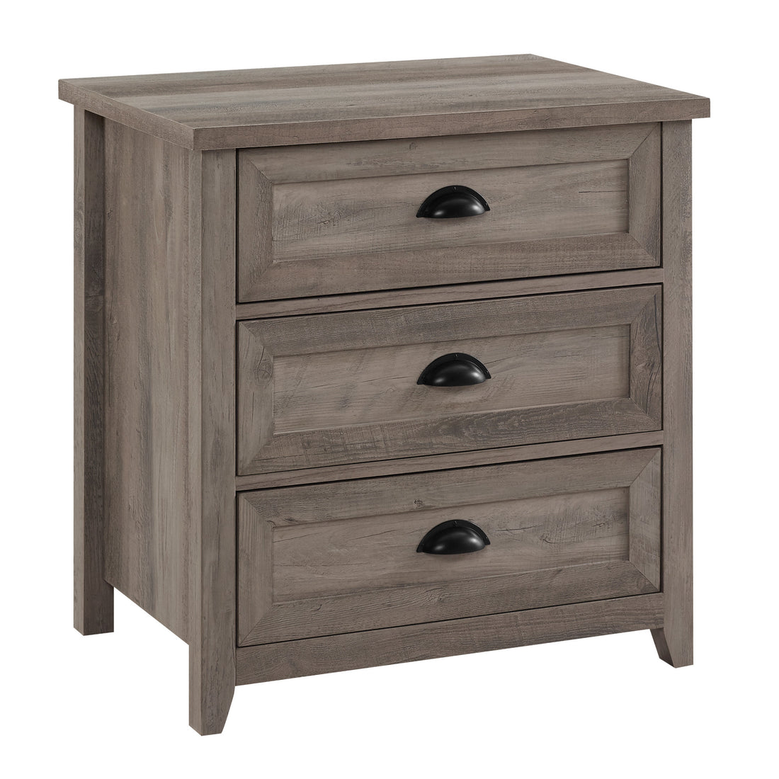 Transitional Farmhouse Framed 3 Drawer Nightstand With Cup Handles Grey Wash Gray Wash Mdf