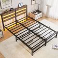 Queen Size Metal Bed Frame With Wooden Headboard, Rgb Lights,Charger, Storage Shelf, Noise Free, No Box Spring Needed,Rustic Brown Box Spring Not Required Queen Beige Brown Metal Brown Bedroom Bed Frame Metal & Wood