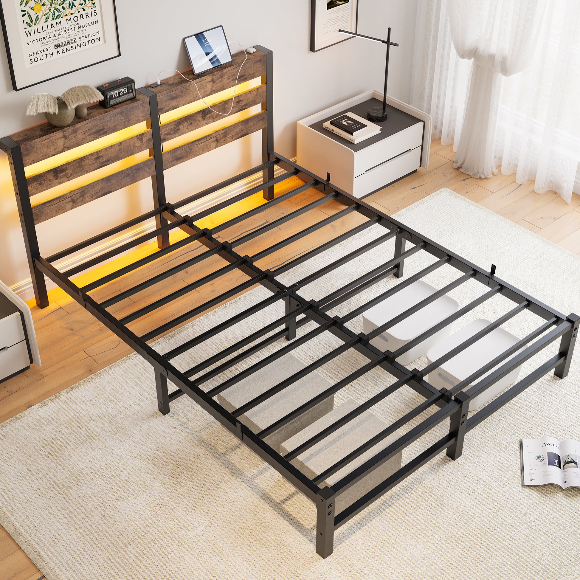 Queen Size Metal Bed Frame With Wooden Headboard, Rgb Lights,Charger, Storage Shelf, Noise Free, No Box Spring Needed,Rustic Brown Box Spring Not Required Queen Beige Brown Metal Brown Bedroom Bed Frame Metal & Wood