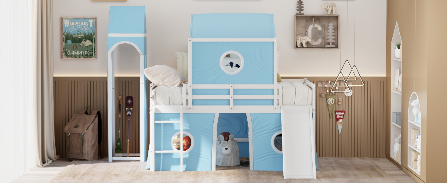 Full Size Loft Bed With Slide Pink Tent And Tower Blue Old Sku:Wf298771Aac Full Blue Solid Wood