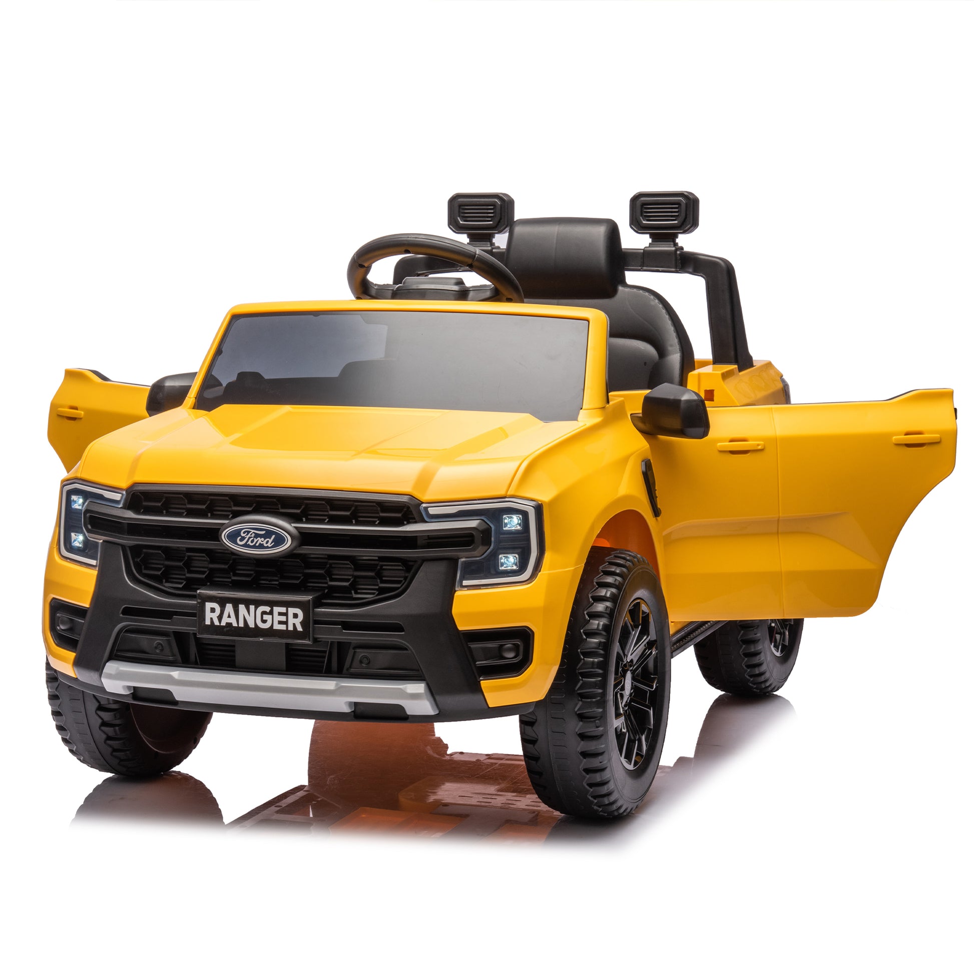 12V Kids Ride On Car W Parents Remote Control,Licensed Ford Ranger,2Wd,Rear Wheel Suspension,Low Start,Headlight,Horn,Mp3,Bluetooth,Adjustable Speed,Speed 1.86 4.97 Mph For Kids Aged 3 6. Yellow 50 99 Lbs Polypropylene