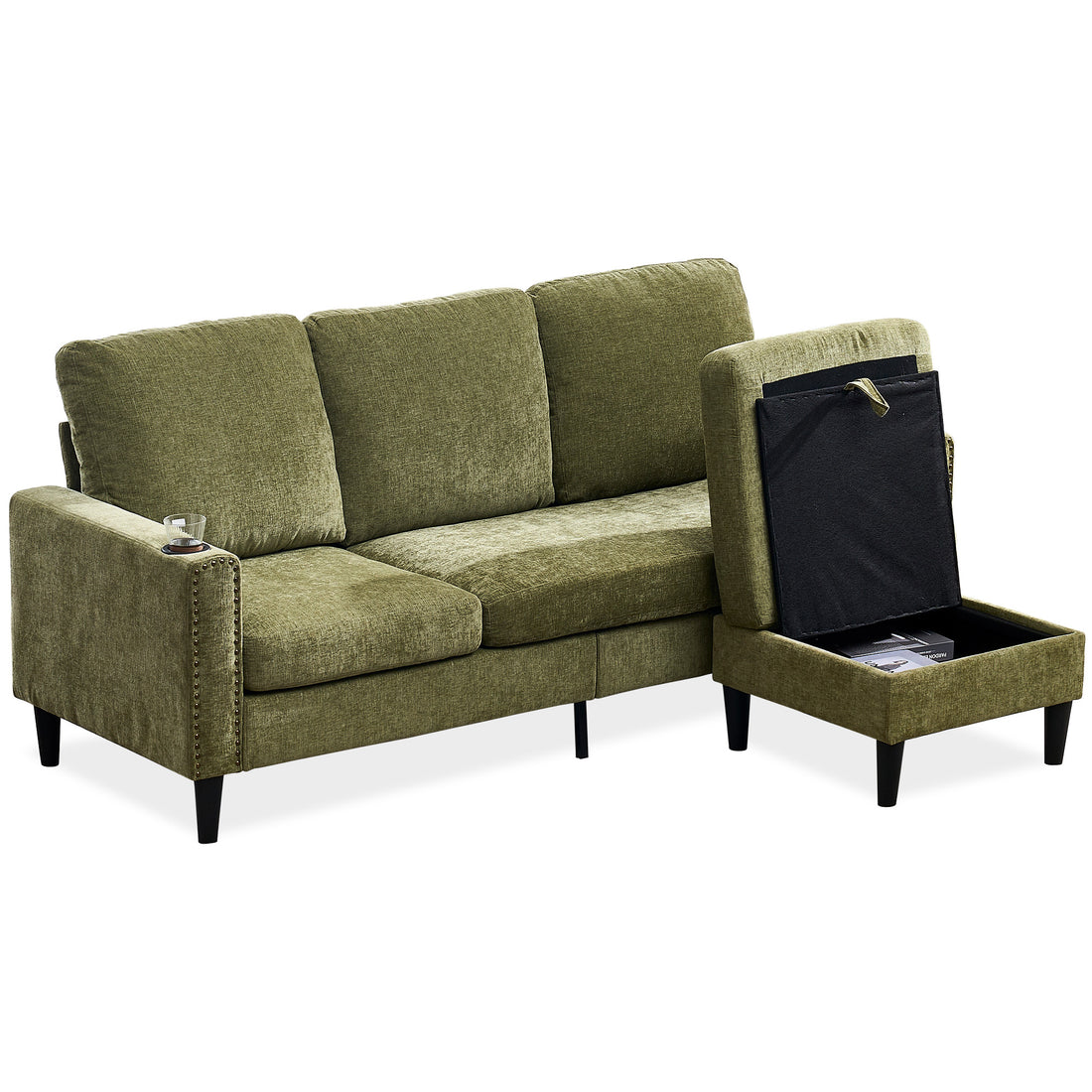 Modern Design Chenille 3 Seater L Shape Sectional Sofa With Storage Chaise For Apartment, Studio, Office,Living Room,L Shape Green Green Chenille Metal Primary Living Space Soft Modern Foam Foam