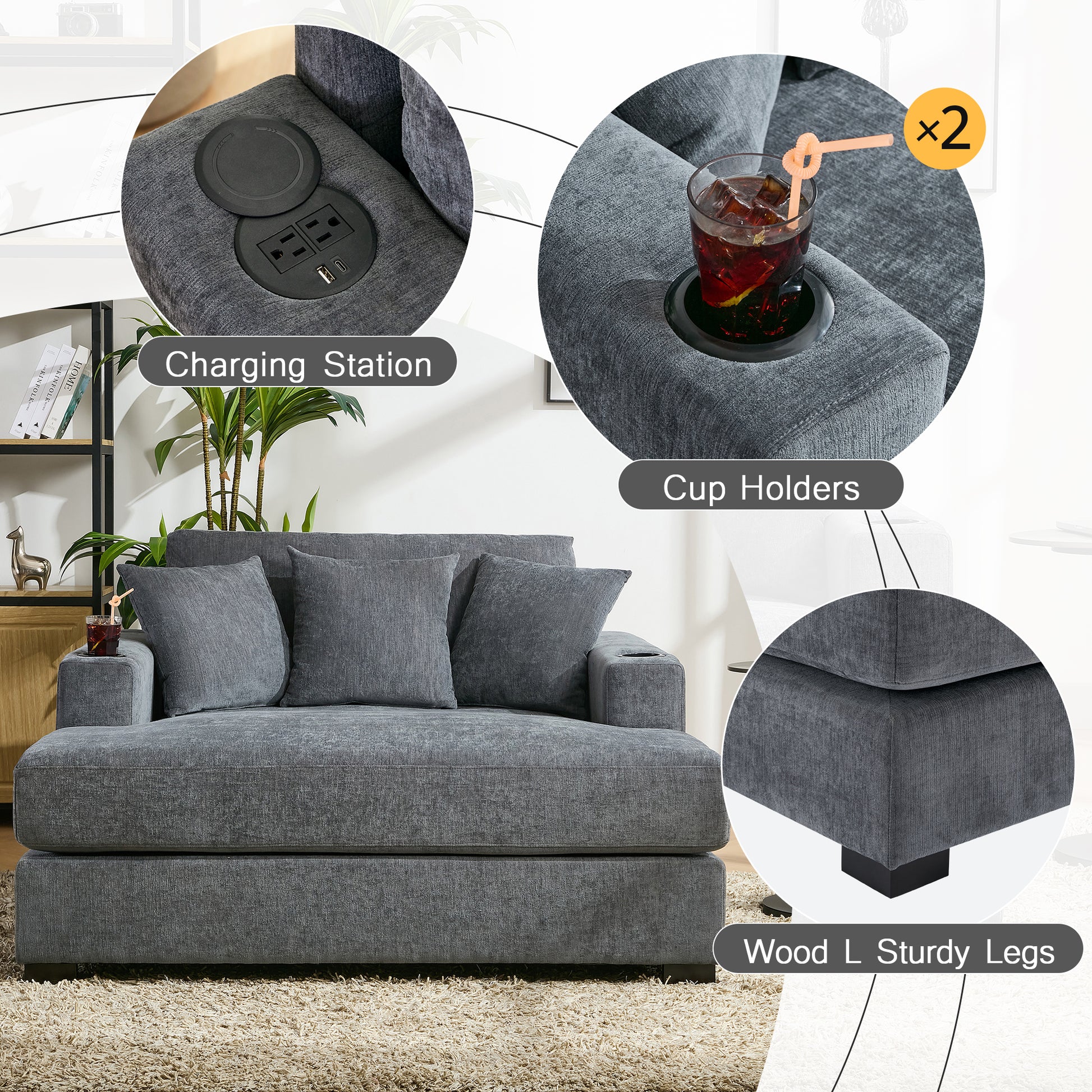 55" Oversized Chaise Lounger Modern Style Sofa Couch ,With Pillows, Charge Station & Cup Holders, Chenille Fabric, Blue Gray Blue Gray Chenille